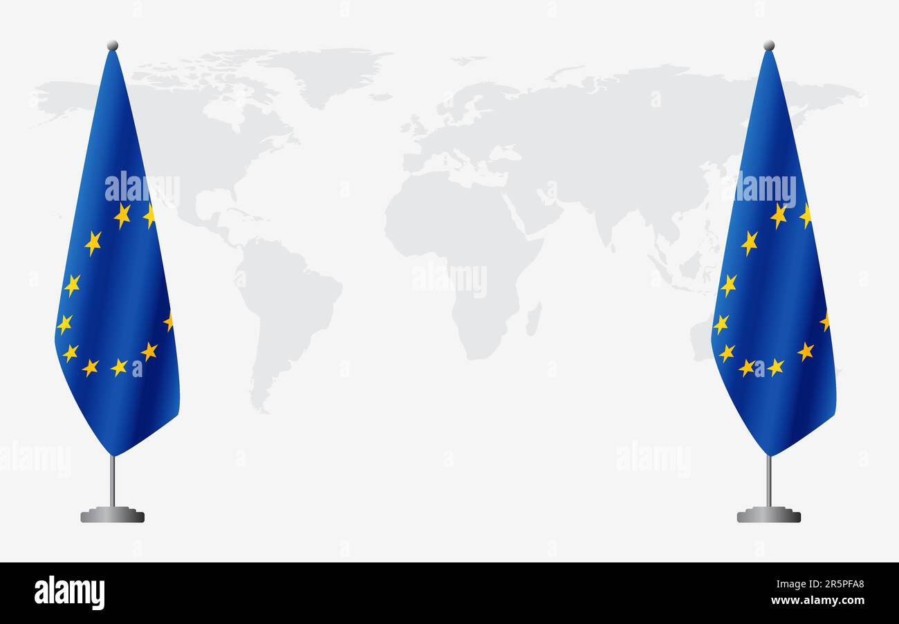 Flaggen der Europäischen Union und der Europäischen Union für eine offizielle Tagung vor dem Hintergrund der Weltkarte. Stock Vektor