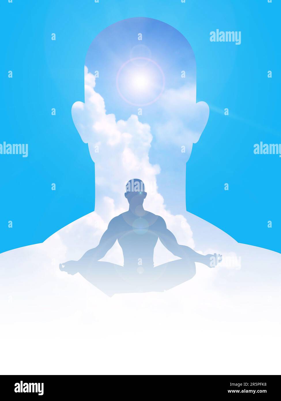 Silhouette der menschlichen Figur zwischen Wolken, friedlich, Gelassenheit, Ruhe, Aufklärung Stockfoto