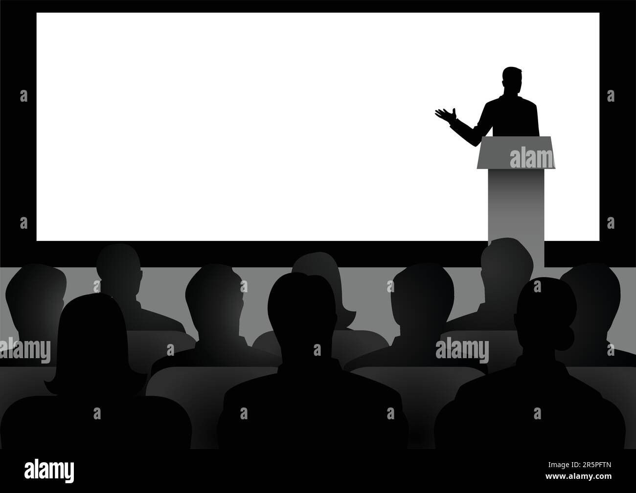 Silhouettendarstellung der Mannfigur, die eine Rede auf der Bühne mit leerem Großbildschirm als Hintergrund hält Stock Vektor