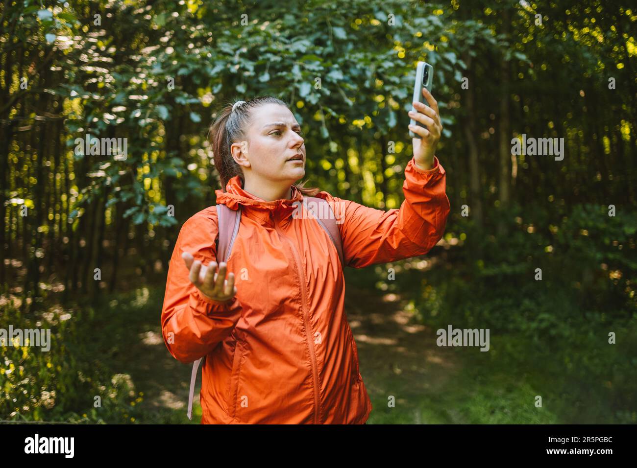 Traurige Frau steht in einem Herbstwald auf einer Wanderung und erhält einen Anruf auf einem Smartphone mit erhobenem Arm. Wanderer, der auf einem nach einem Mobilfunknetz sucht Stockfoto