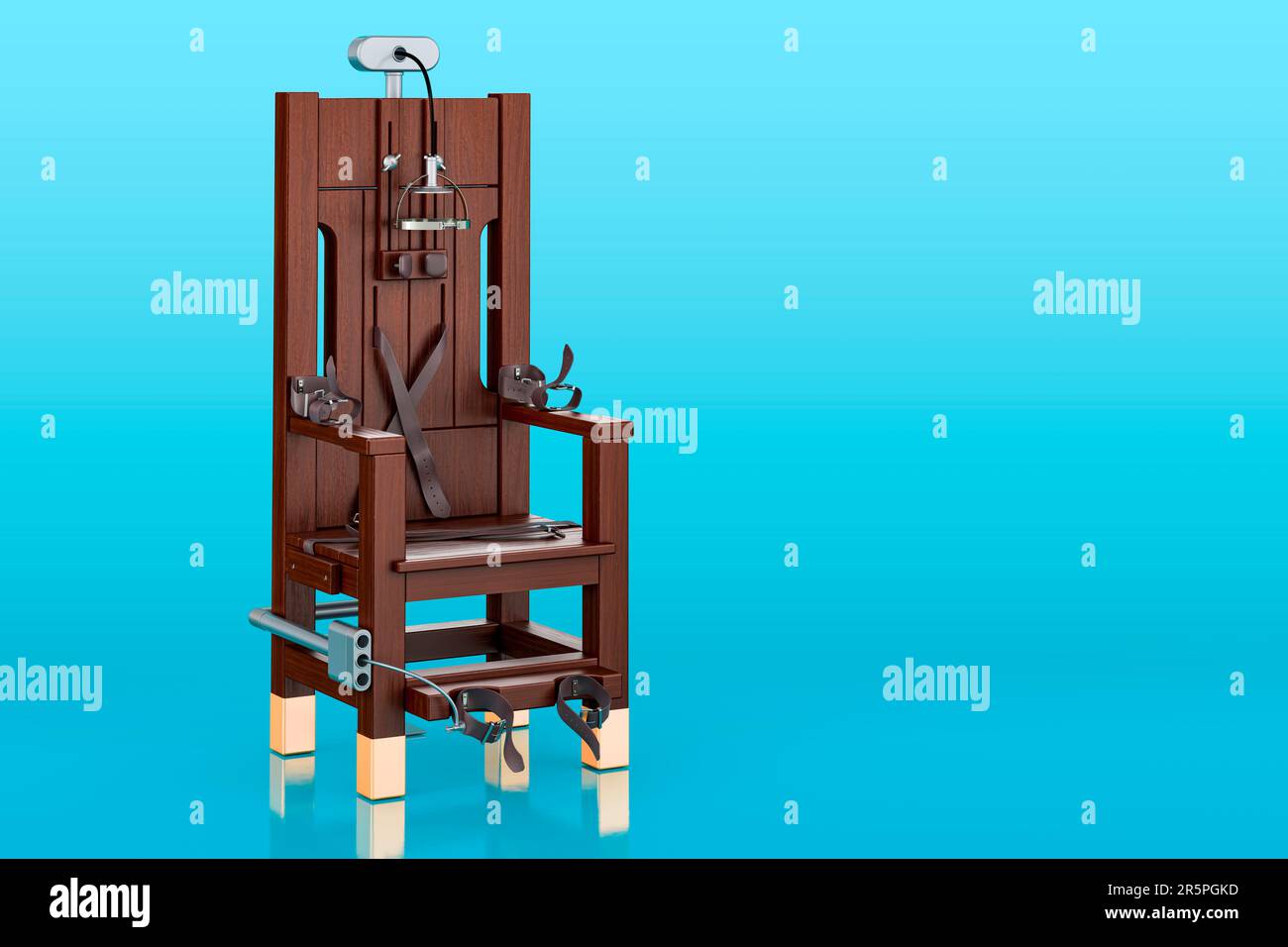 Elektrischer Stuhl im blauen Hintergrund, 3D-Rendering Stockfoto