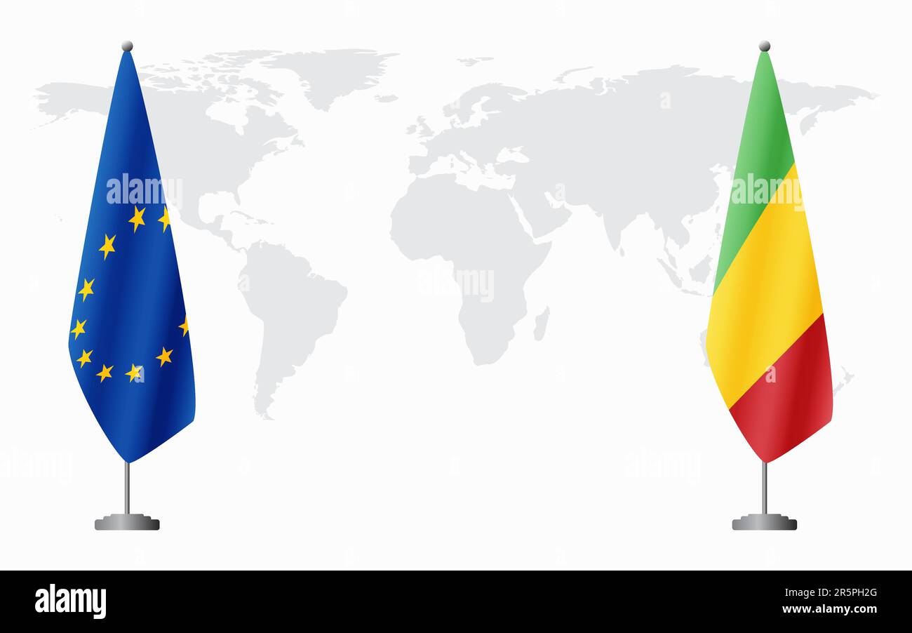 Flaggen der Europäischen Union und Malis für eine offizielle Tagung vor dem Hintergrund der Weltkarte. Stock Vektor