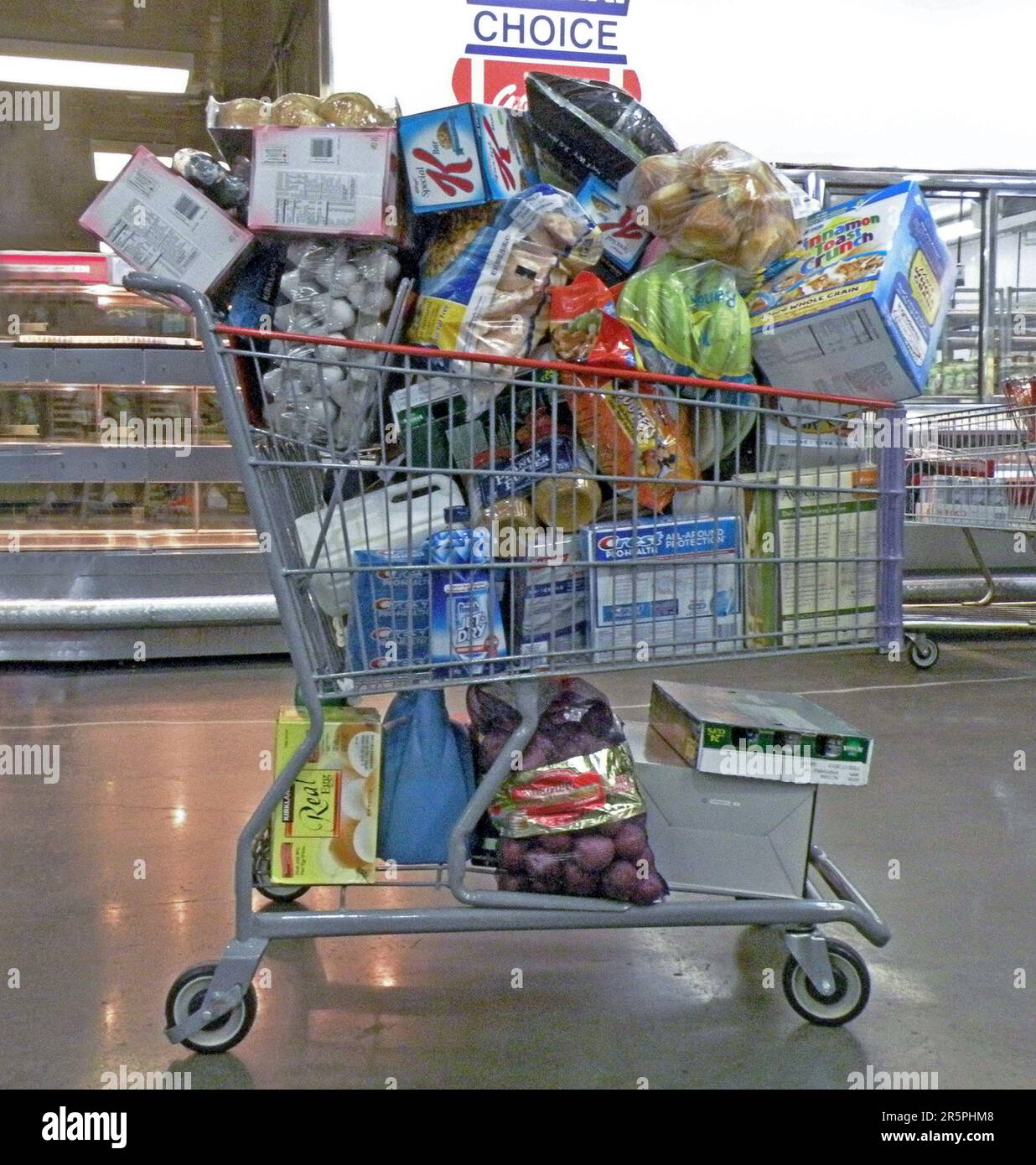 Ein überladener Einkaufswagen in einem Costco Discount Supermarkt in Queens, New York. Stockfoto