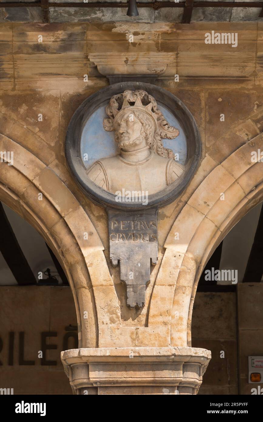Porträtmedaillon Salamanca, Ansicht einer Reihe von Medaillon-Porträts des spanischen Adels, die die Plaza Mayor, Salamanca, Spanien schmücken Stockfoto