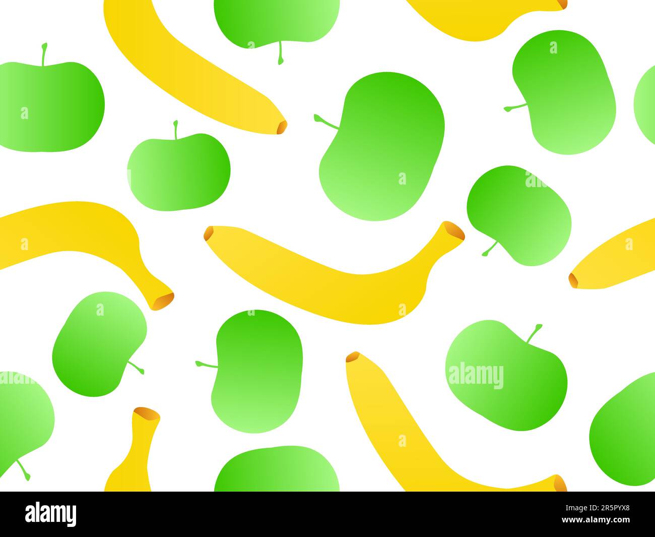 Gelbe Bananen und grüne Äpfel, nahtloses Muster. Sommerfrucht mit Äpfeln und Bananen mit Farbverlauf auf weißem Hintergrund. Design für Printmedien, Banner A Stock Vektor