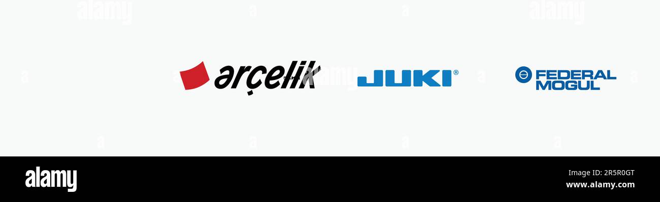 JUKI-Logo, LKQ-Logo, ARCELIK-Logo, FEDERAL MOGUL-Logo, Editorial Vector-Logo auf Whitepaper. Stock Vektor