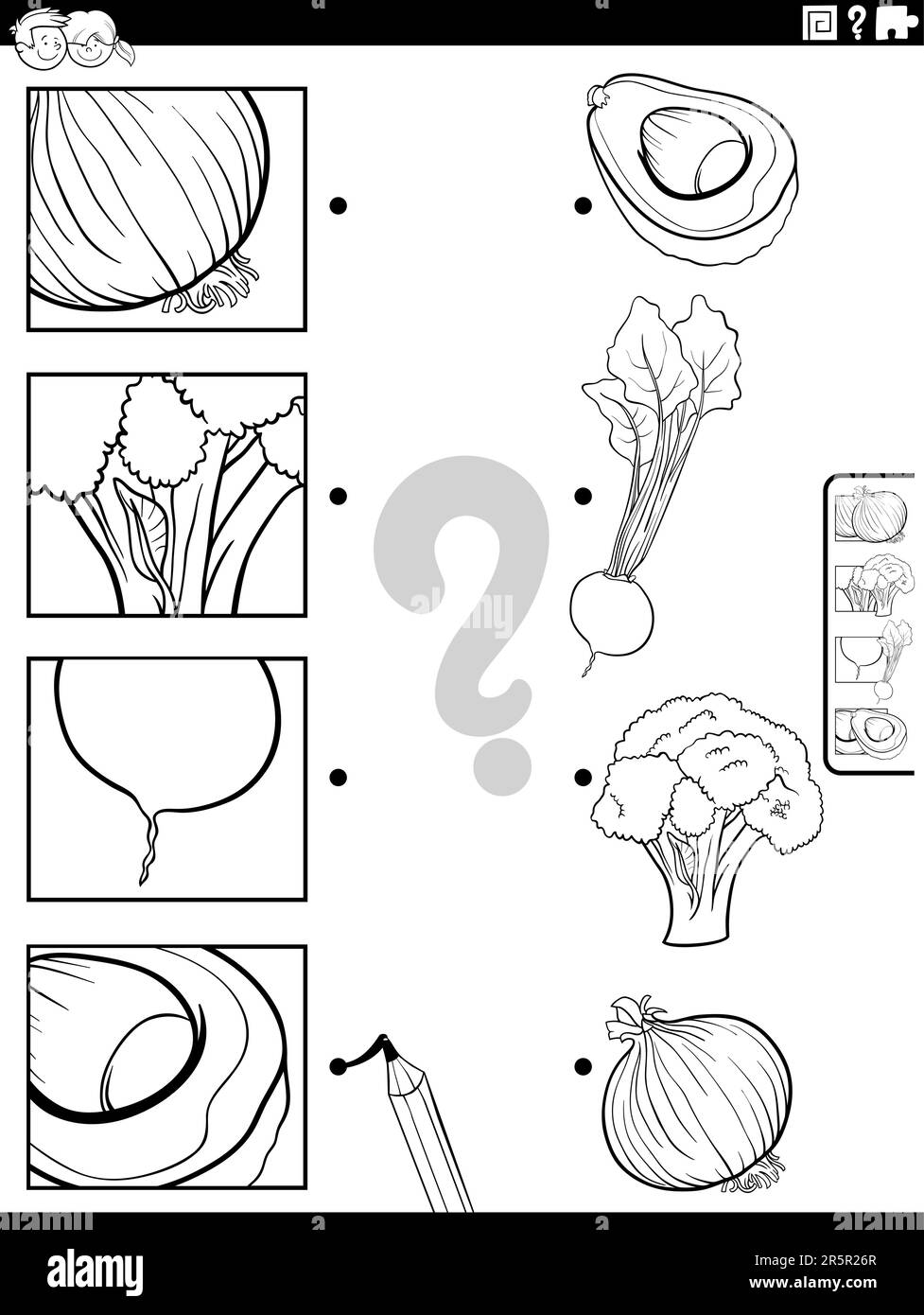 Schwarz-weißer Cartoon Darstellung der pädagogischen Aktivität, die mit Obst und Gemüse und Bildern zusammenpasst Malseite für Ausschnitte Stock Vektor