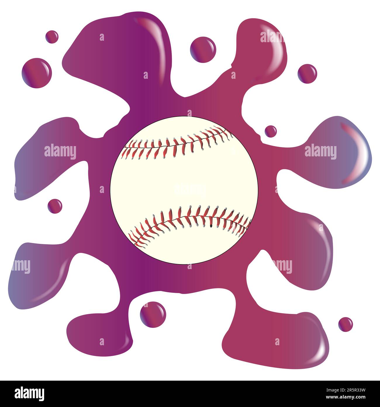 Ein roter purpurfarbener Tintenklumpen oder Farbklumpen mit einem Baseballset auf weißem Hintergrund Stockfoto