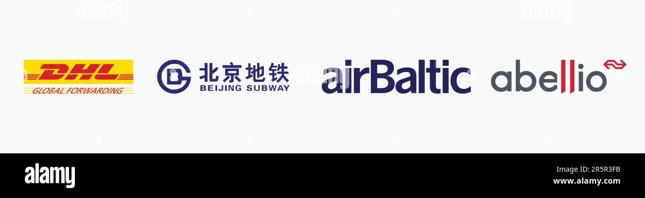 ABELLIO Logo, AIRBALTIC Logo, BINHAI MASS TRANSIT DEVELOPMENT CORPORATION Logo, AMERICA WEST AIRLINES Logo, Editorial Vector Logo auf Whitepaper. Stock Vektor