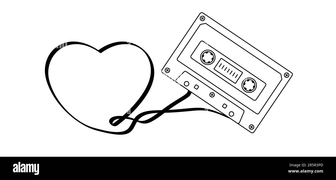 Cartoon Love, Herz und Tonbandkassette. Symbol oder Symbol für das Zeichnungsband. Retro-Musikkassette, 1970er, 1980er-Stil. Musik-Audioaufnahme Stockfoto