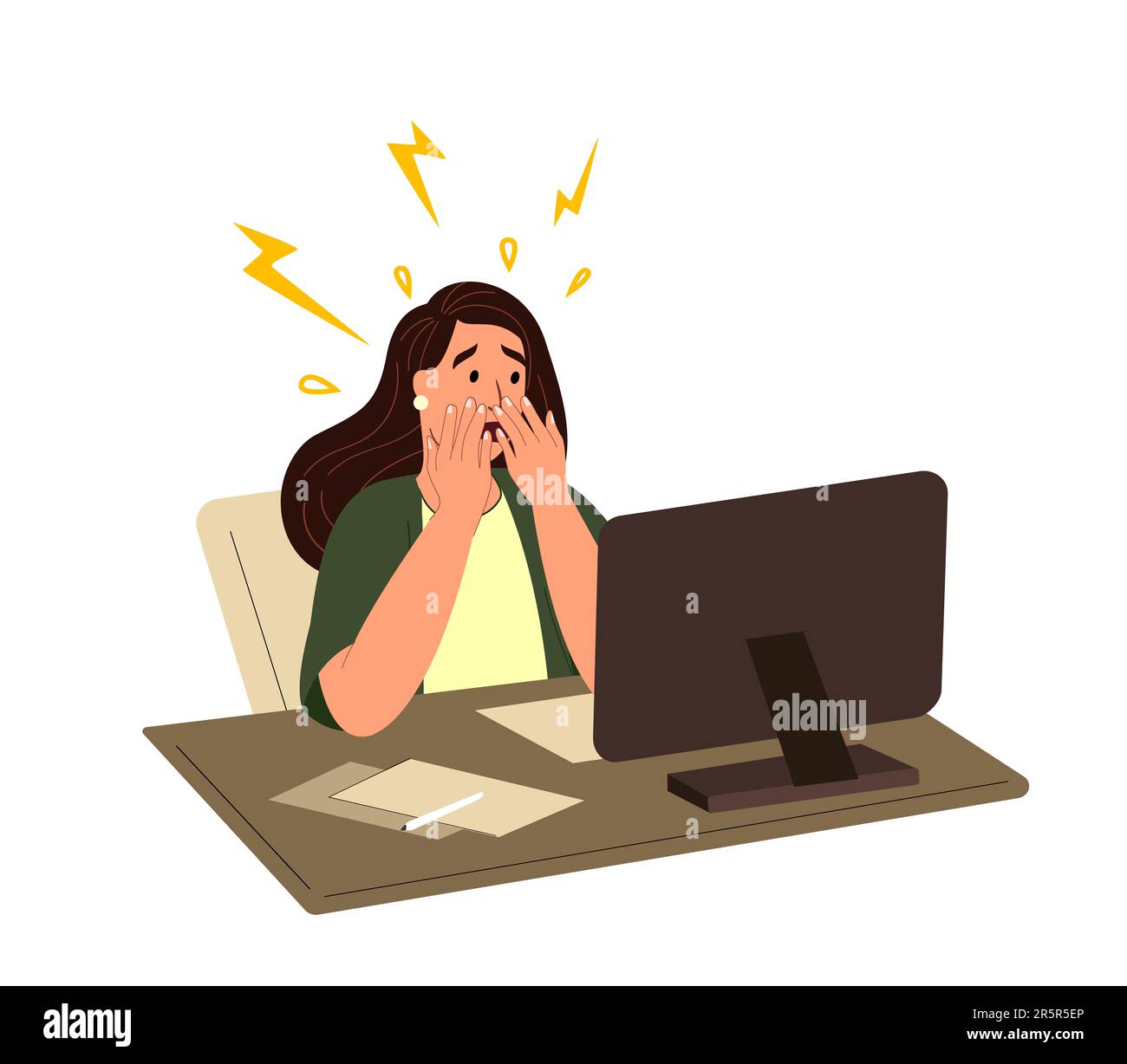Eine Mitarbeiterin in Stress, Schock. Beunruhigte Büroangestellte am Computer. Eine Person, die Angst vor einem Arbeitsausfall, Ärger, Problem, Fehler hat. Flacher Graphi Stockfoto