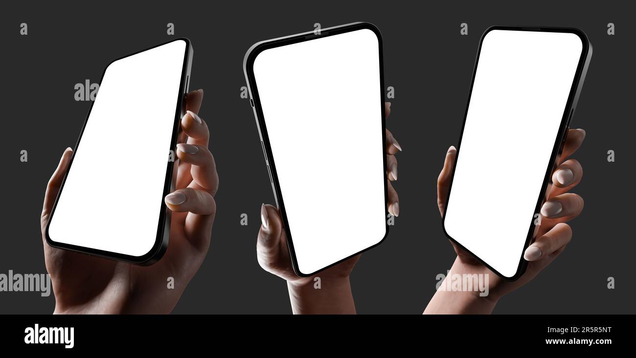 Weibliche Hand, die ein Smartphone mit einem leeren Bildschirm hält. Set mit 3D Abbildungen mit Nahaufnahmen – eine dunkel beleuchtete Szene, die perfekt für ein dunkles B geeignet ist Stockfoto