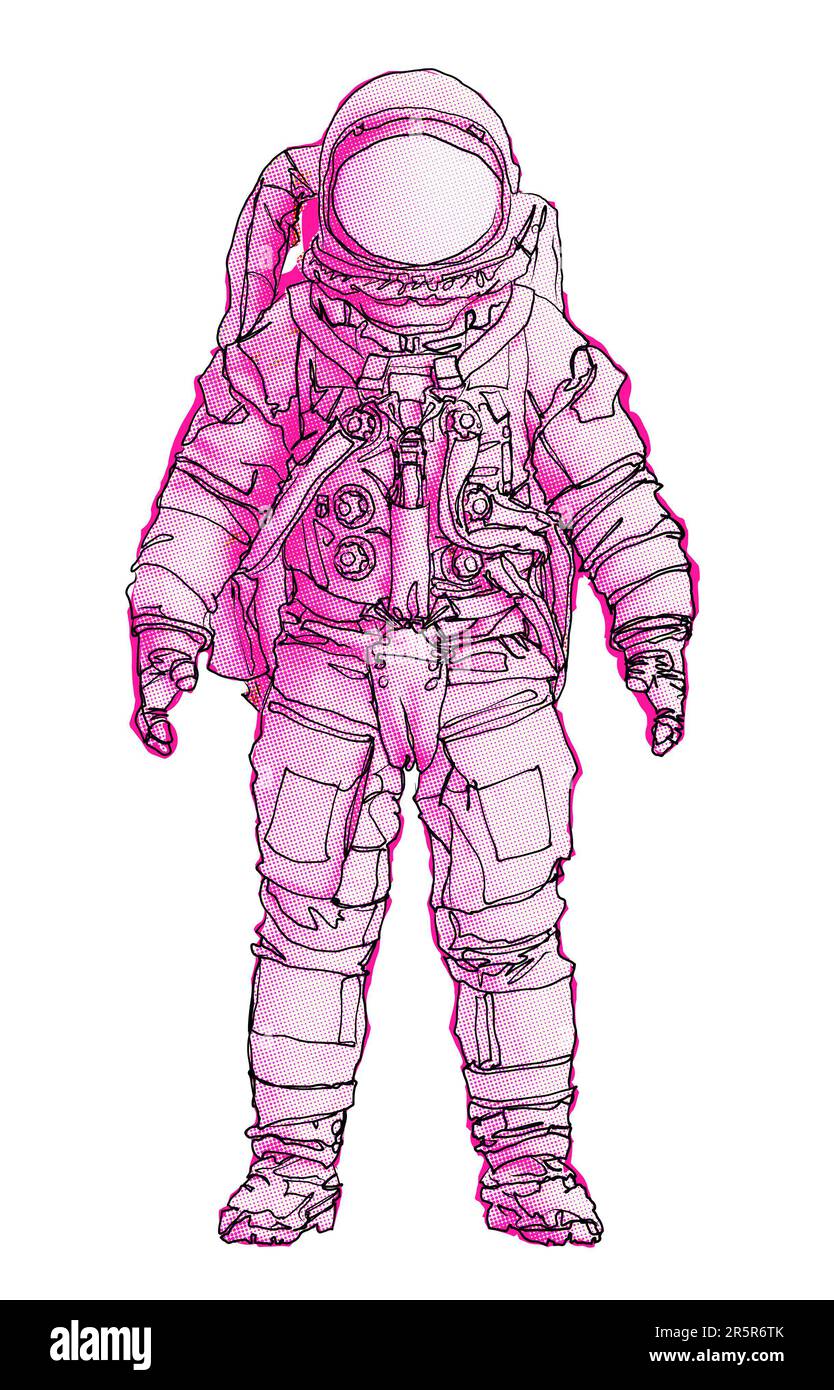 Rosa Astronaut Spaceman Handgezeichnete Grafische Halftone Retro-Illustration Abbildung Der Überlagerungsschicht Stockfoto