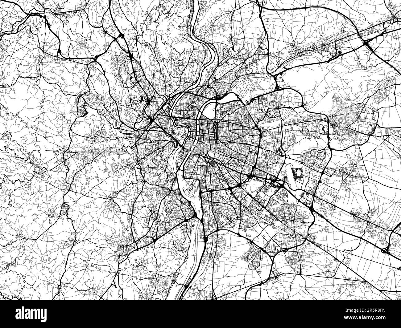 Straßenkarte der Stadt Lyon Metropole in Frankreich auf weißem Hintergrund. Stockfoto