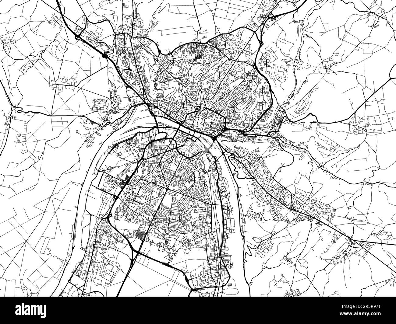 Straßenkarte der französischen Stadt Rouen auf weißem Hintergrund. Stockfoto