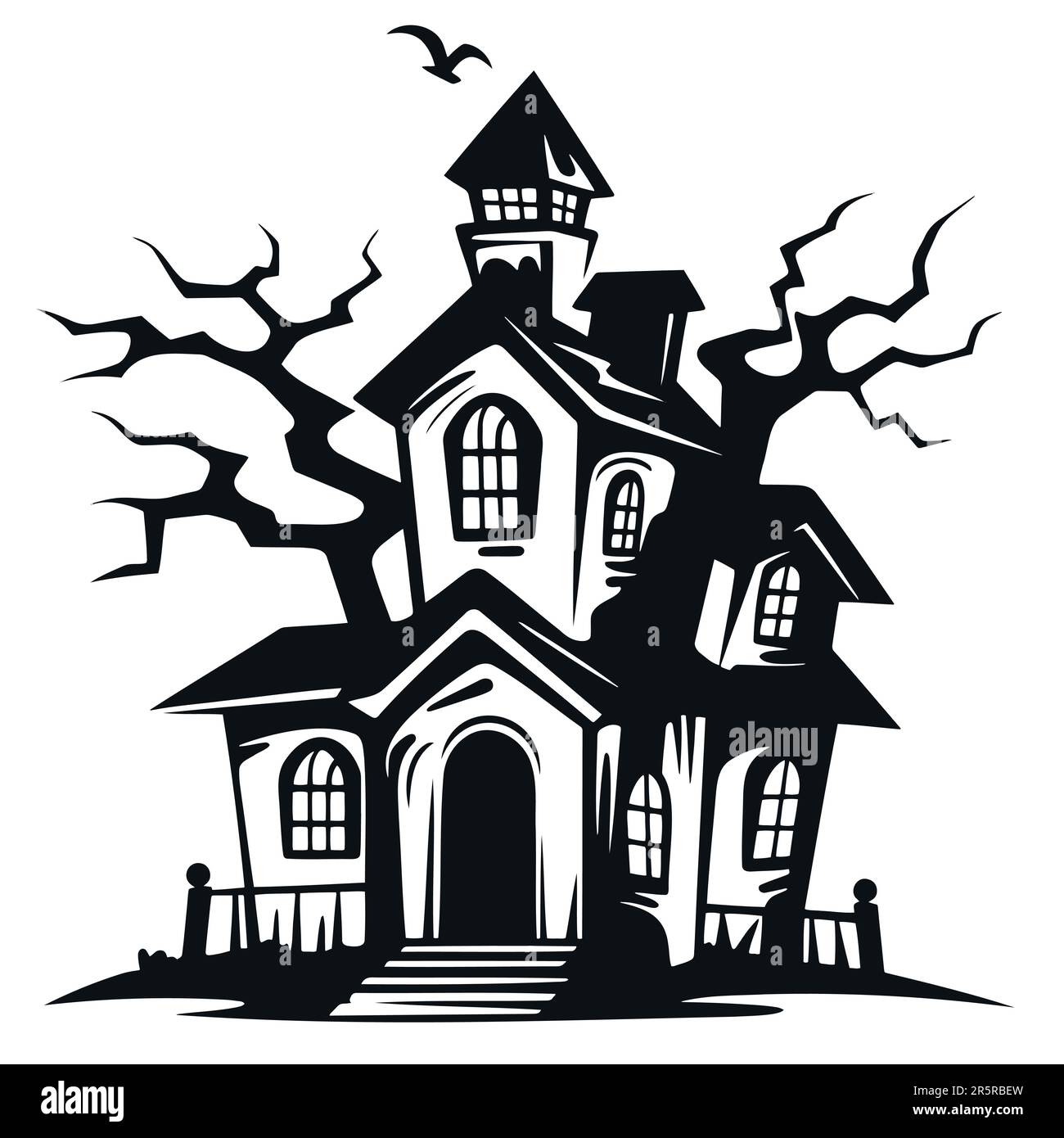 Beängstigende Haussilhouette. Mystisches Haus mit Monstern und Geistern für Halloween. Gruseliges Haus. Stock Vektor