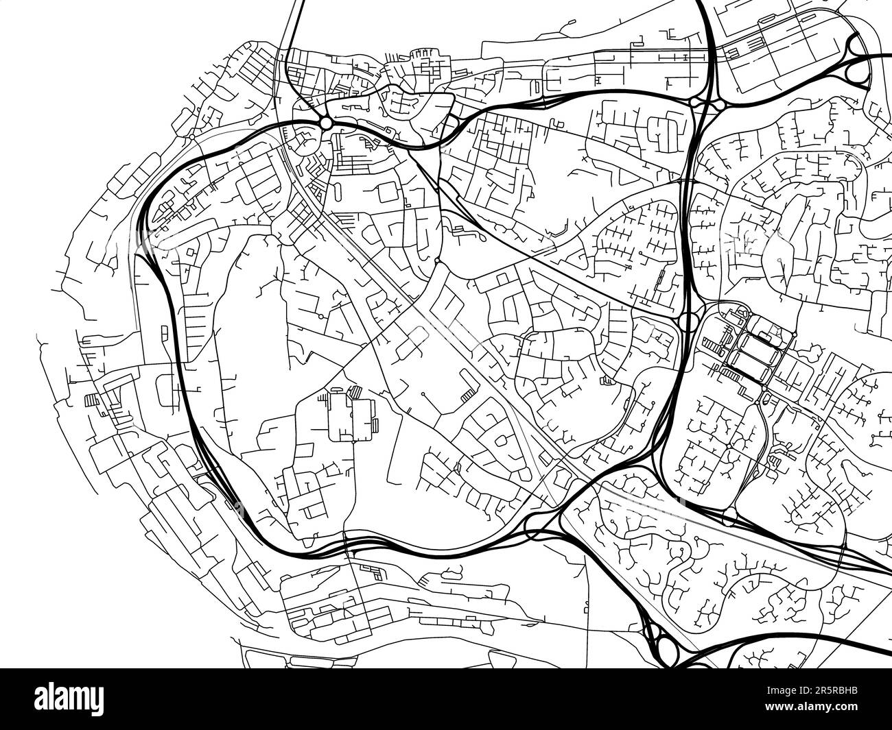 Straßenkarte der Stadt Runcorn im Vereinigten Königreich auf weißem Hintergrund. Stockfoto