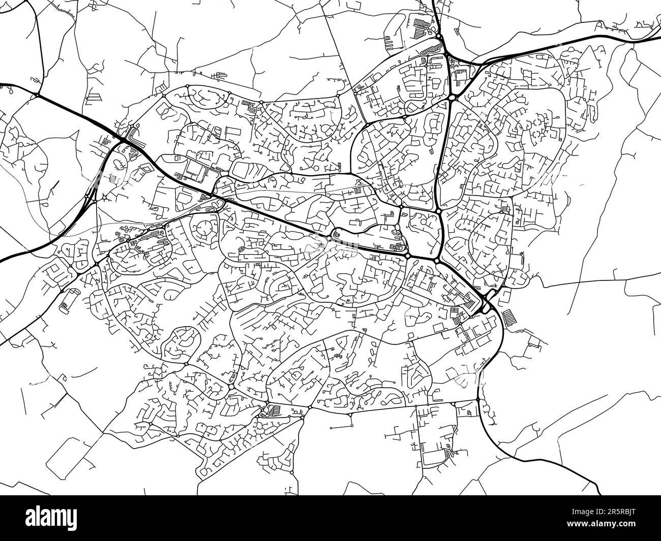 Straßenkarte der Stadt East Kilbride im Vereinigten Königreich auf weißem Hintergrund. Stockfoto
