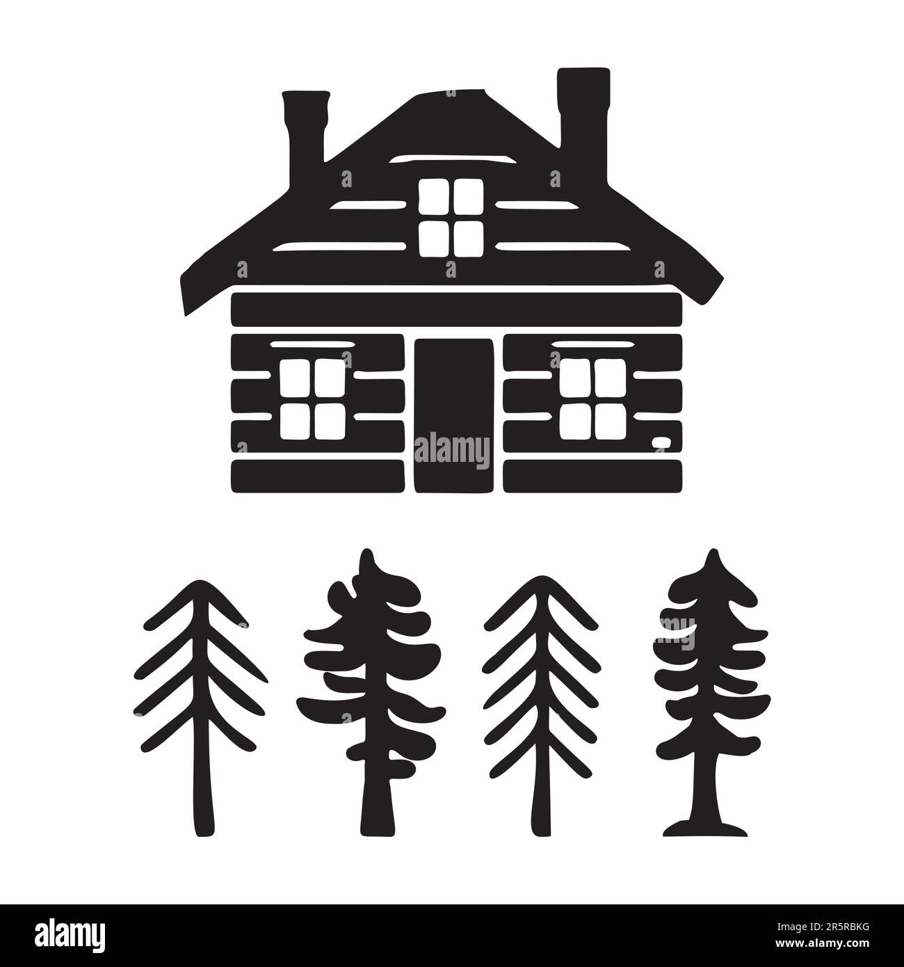 Eine Reihe von Vektordarstellungen für Holzhütten und Tannenbäume. Maskuline Outdoor-Reise im nordischen Linocut-Chalet in skandinavischer Urlaubsgruppe Stock Vektor