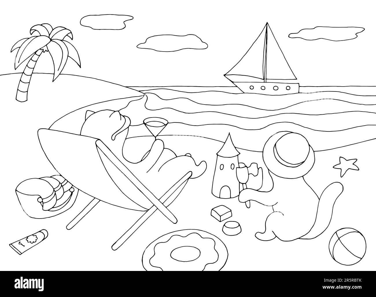 Katzen entspannen sich am Strand Grafik schwarz-weiß Landschaft Zeichnungsvektor Stock Vektor