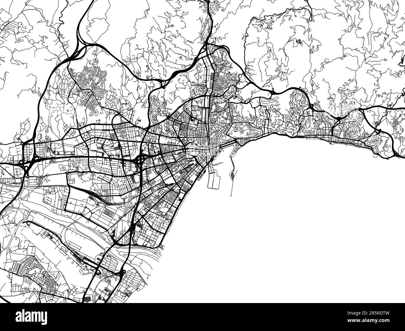 Vector-Straßenkarte der Stadt Malaga in Spanien auf weißem Hintergrund. Stockfoto