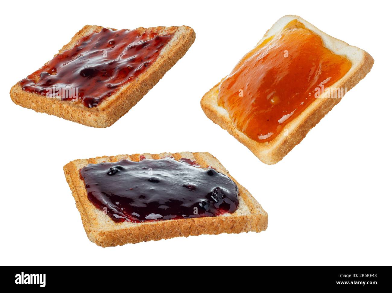 Set aus Brottoast mit verschiedenen Marmeladentypen, isoliert auf weiß Stockfoto