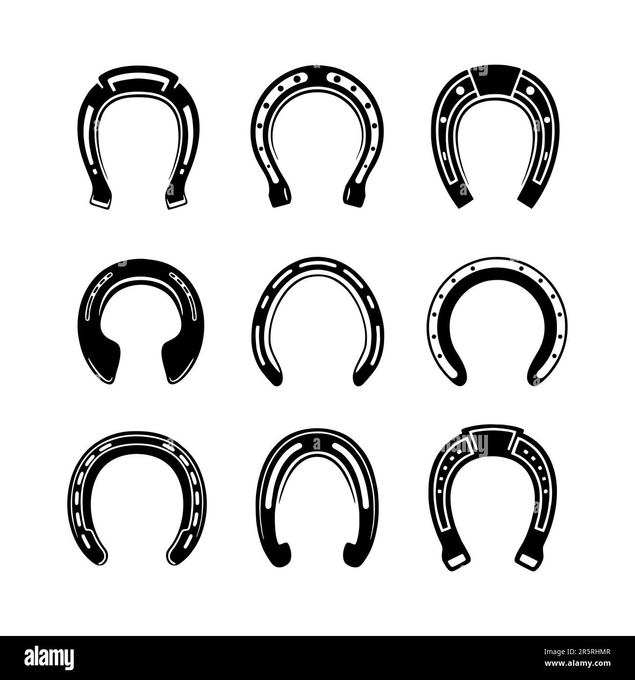 Glückliche Hufeisen-Ikonen mit dekorativen Ornamenten aus Nagellöchern, figurierten Zehen und abgerundeten Fersen. Ideal für schützende Talisman, Wappenkandiz Ladung Stock Vektor