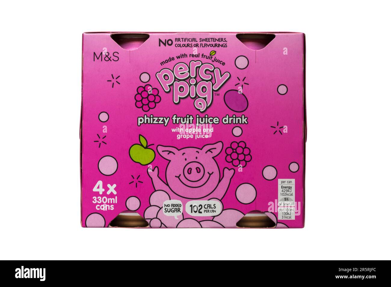 packung Percy Pig phizzy Fruchtsaftgetränk von M&S aus echtem Fruchtsaft, isoliert auf weißem Hintergrund Stockfoto