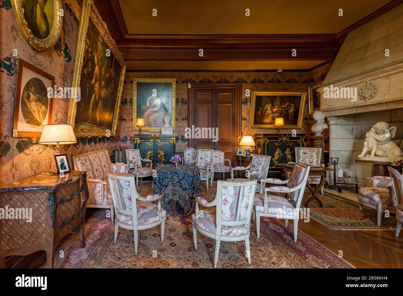 Frankreich, Indre et Loire, Loire-Tal, das von der UNESCO zum Weltkulturerbe erklärt wurde, beschriftete Montrésor die schönsten Dörfer Frankreichs, das Schloss, das Wohnzimmer im Stil des zweiten Reiches mit einer Leinwand, die Veronese zugeschrieben wurde, in der ein Selbstporträt versteckt ist Stockfoto