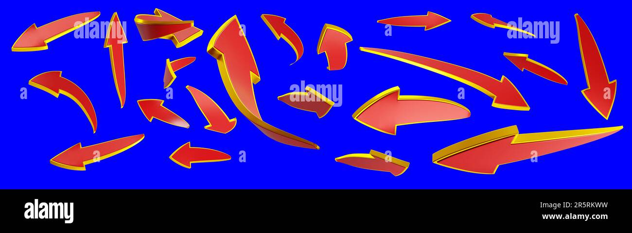 3D Rote Pfeile mit gelben Rändern für das Design der Miniaturbilder/Vorlagen/Anzeigen/Kunst/Animationen und Filme Stockfoto