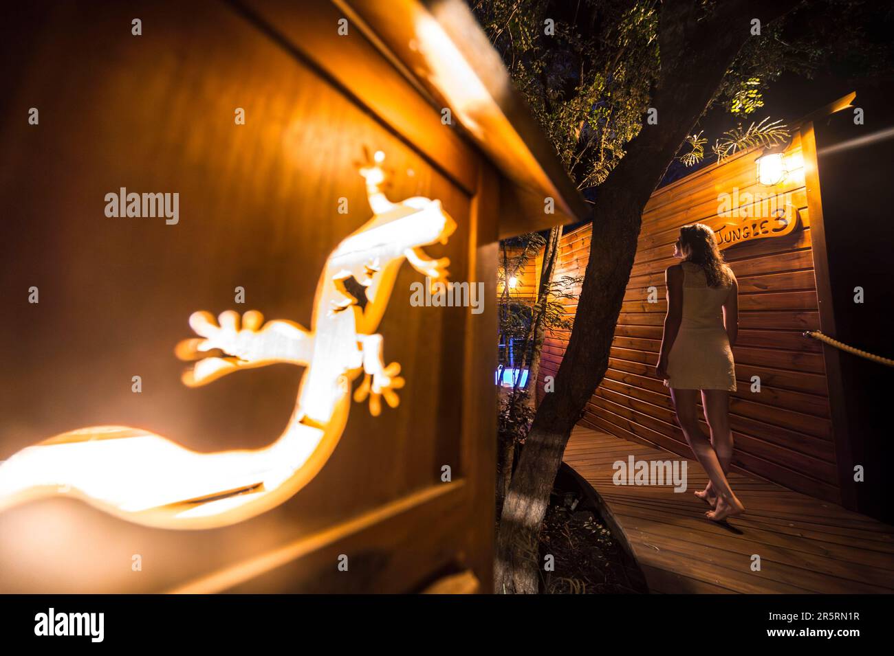 Frankreich, Karibik, Kleinen Antillen, Guadeloupe, Basse-Terre, Deshaies, Au Jardin des Colibris, eine charmante und ungewöhnliche Unterkunft mit der Bezeichnung Esprit Parc national, die von der Liga zum Schutz der Vögel (LPO) als Zufluchtsstätte eingestuft wurde; eine wahre Oase des Friedens für die Vogelwelt und für diejenigen, die in diesem 10.000 Hektar großen Wald Harmonie und Wohlbefinden finden Stockfoto