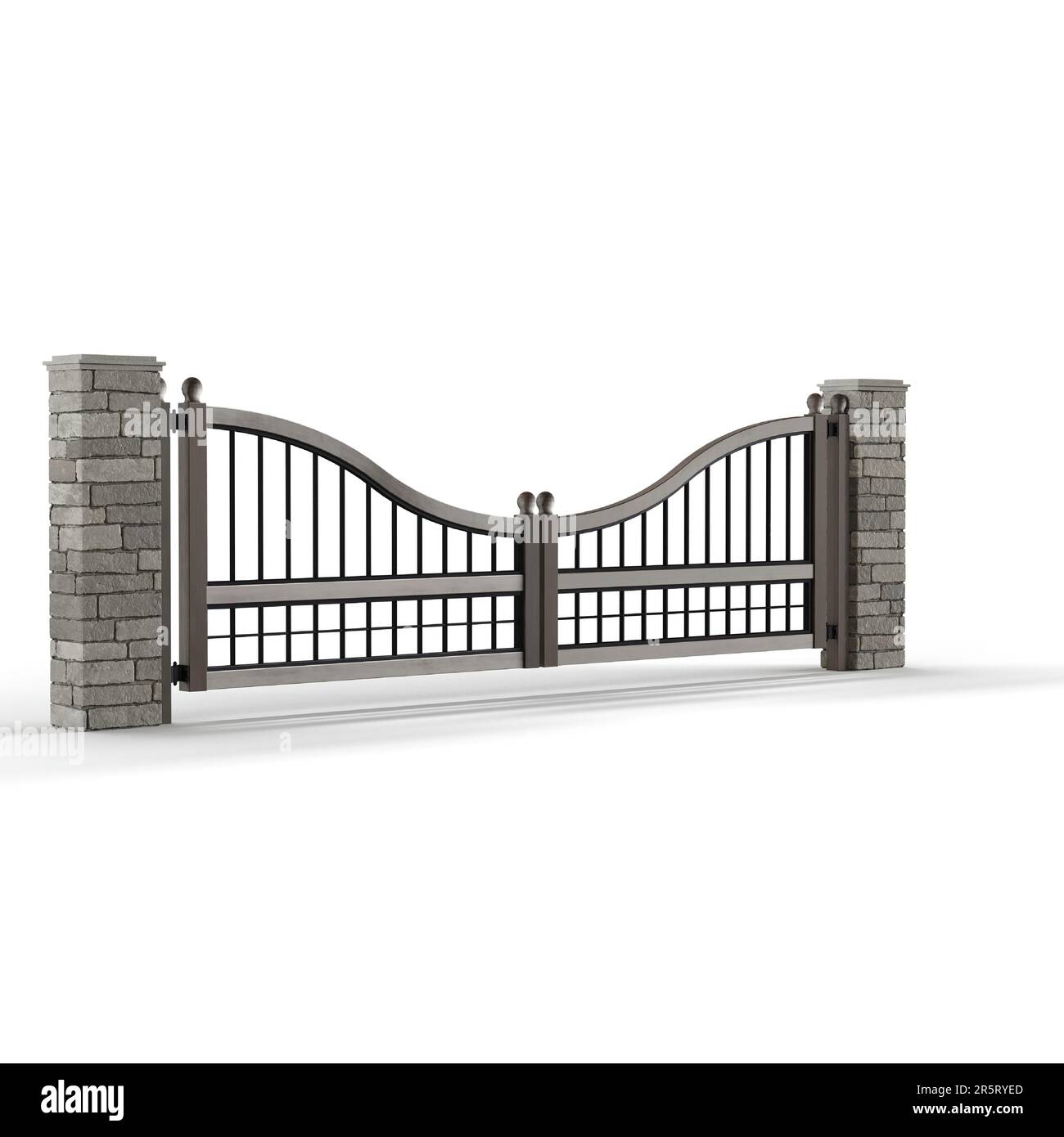 Ein kunstvoll verziertes Metalltor steht zwischen zwei Ziegelsäulen – 3D-Darstellung Stockfoto Ein kunstvoll verziertes Metalltor steht zwischen zwei Ziegelsäulen – 3D-Darstellung Stockfoto