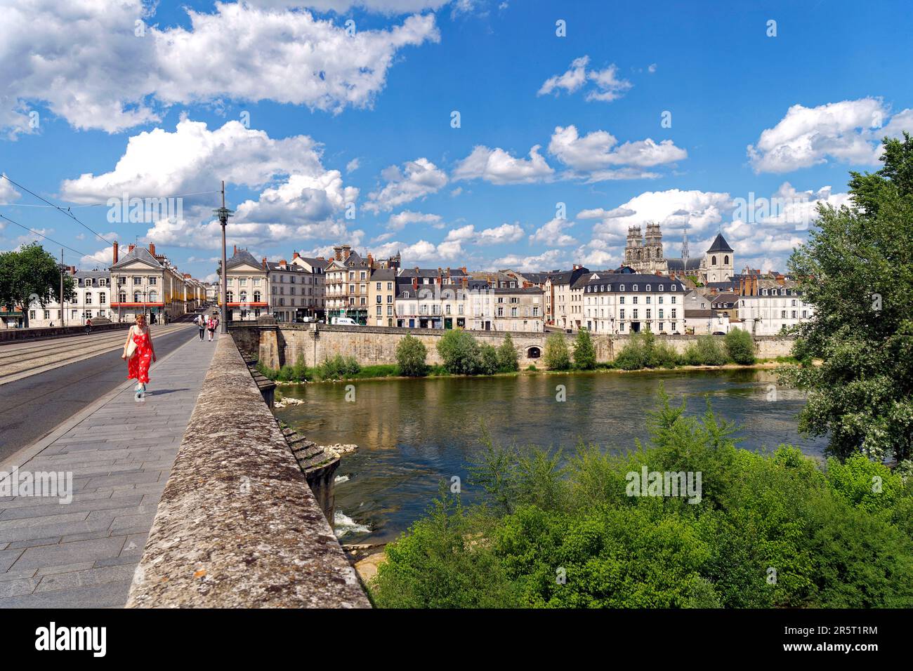 Frankreich, Loiret, Loire-Tal, UNESCO-Weltkulturerbe, Orleans, Stadtblick mit Sainte Croix Kathedrale und Georges 5 Brücke über die Loire Stockfoto