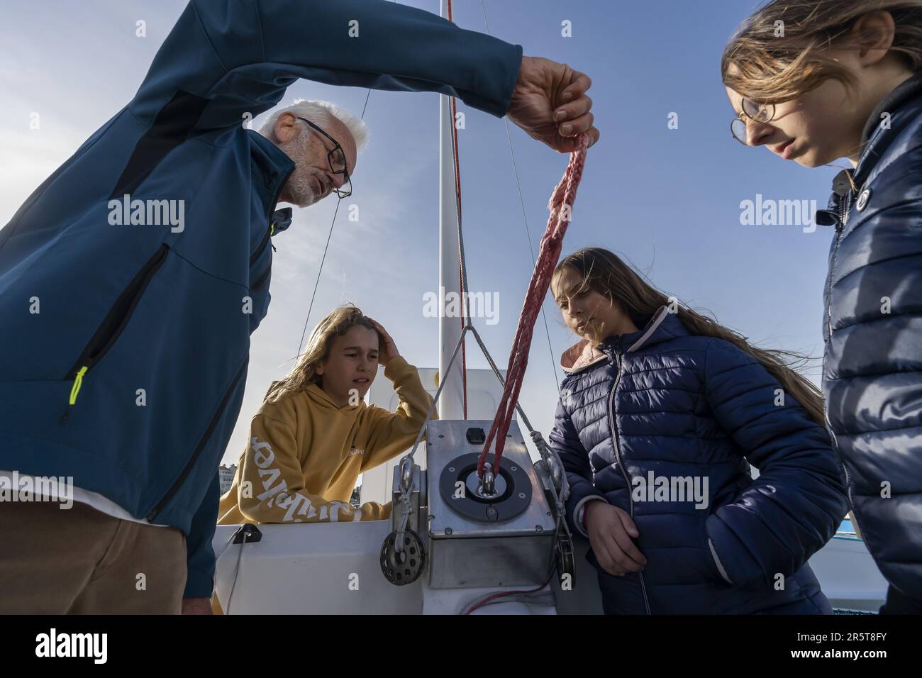 Frankreich, Gironde, Bassin d’Arcachon, der SeaKite ist das Ergebnis der Transformation des Hydraplaneur, des Geschwindigkeitsrekord-Katamarans des Navigators und Ingenieurs Yves Parlier. Es wurde komplett überarbeitet, um das Kite-Traktionslabor zu werden Stockfoto
