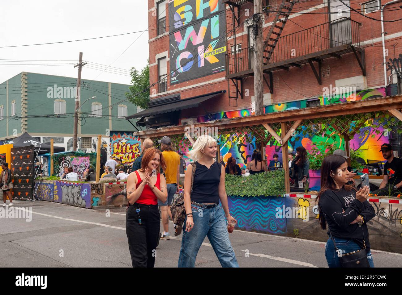 Tausende strömen nach Bushwick, Brooklyn in New York, zur jährlichen Bushwick Collective Block Party am Samstag, den 3. Juni 2023. Musik und Partys brachten einiges mit, aber die wahre Attraktion waren die neuen Wandbilder von „Graffiti“-Künstlern, die die Wände der Gebäude schmücken, die das Kollektiv verwendet. (© Richard B. Levine) Stockfoto