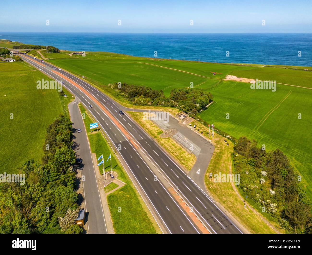 Blick nach Norden auf der A1 an der Grenze von England und Schottland., Großbritannien. Stockfoto