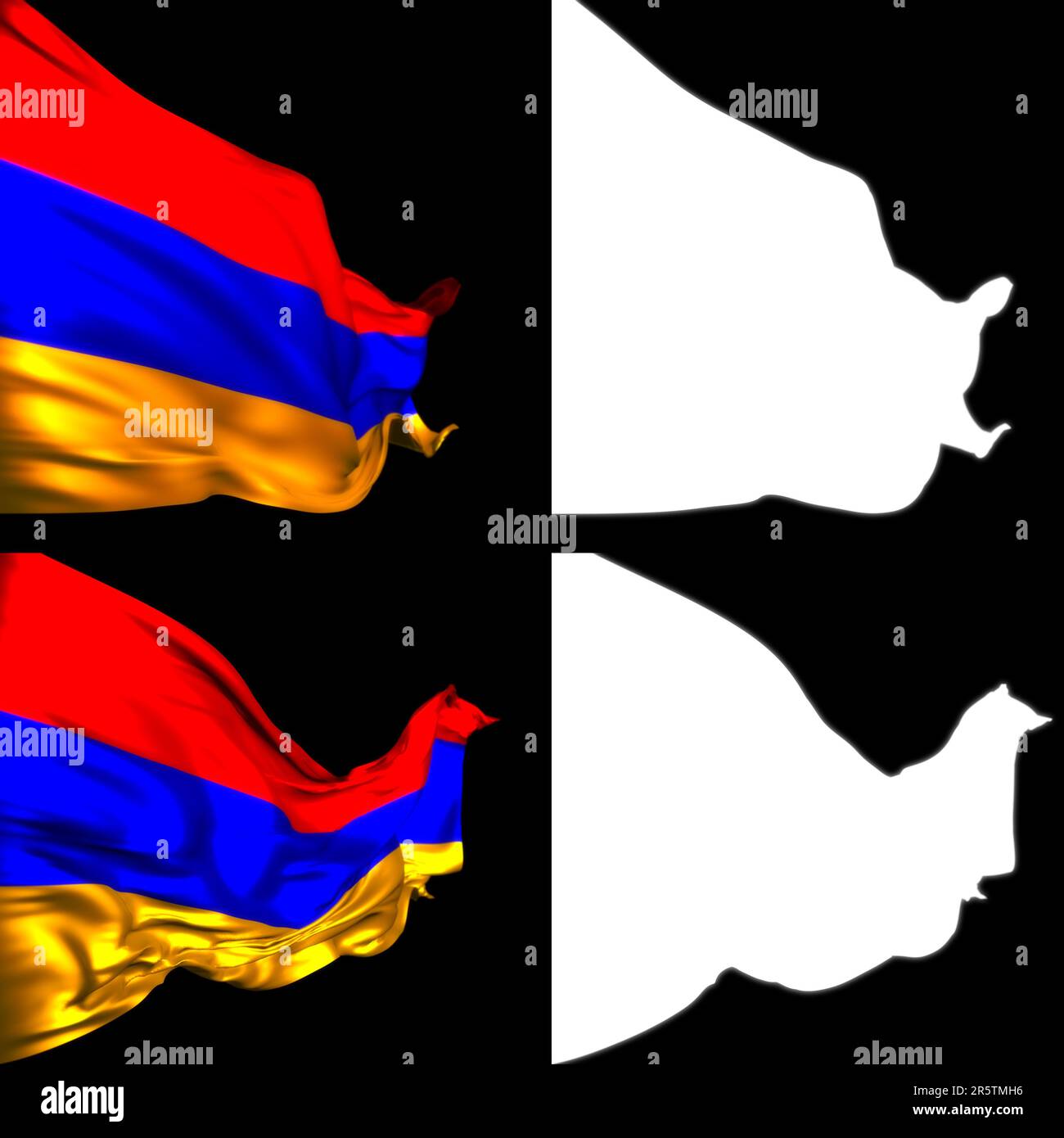 Zwei Flaggen werden in perfekter Symmetrie gegen einen Nachthimmel ausgestellt, der stolz im Wind flattert Stockfoto