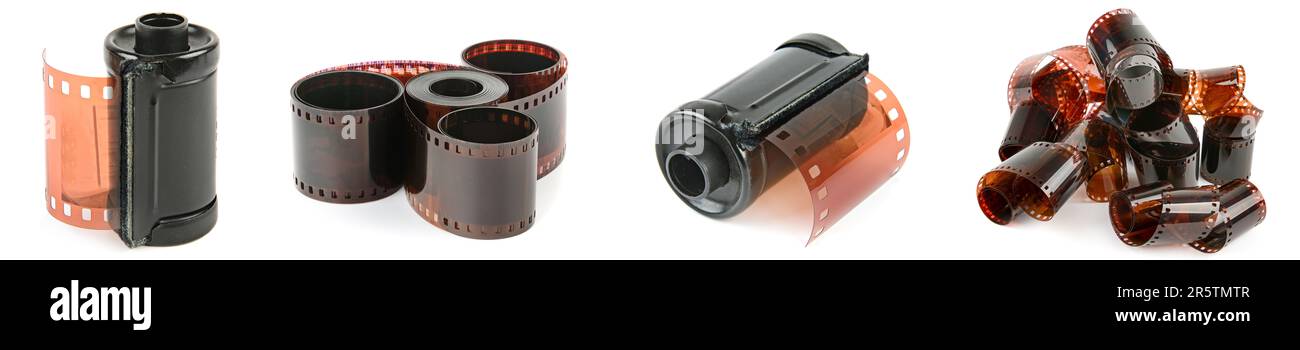 35mm Filmrolle aus verschiedenen Winkeln isoliert auf weißem Hintergrund einstellen Stockfoto