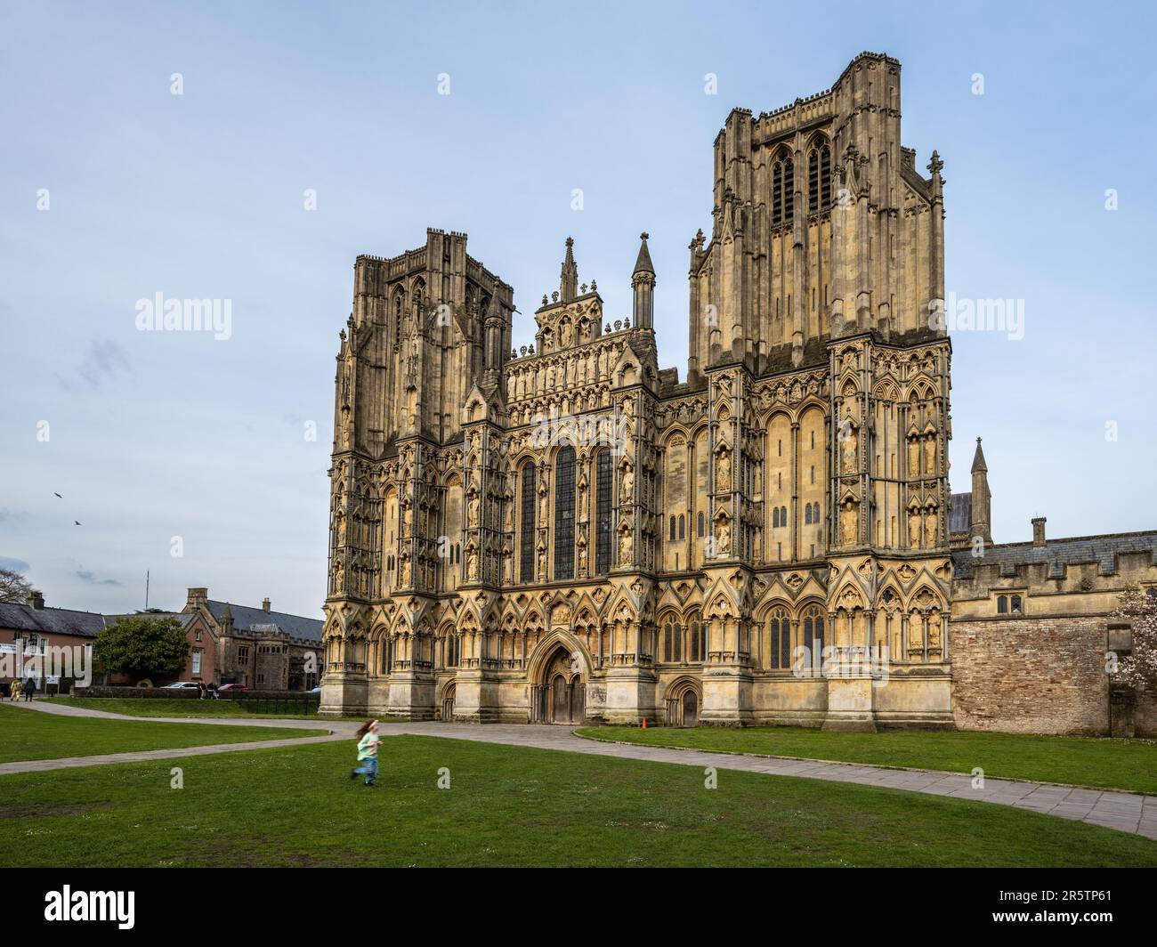 Die gotische Westwand der Wells Cathedral in Somerset. Stockfoto