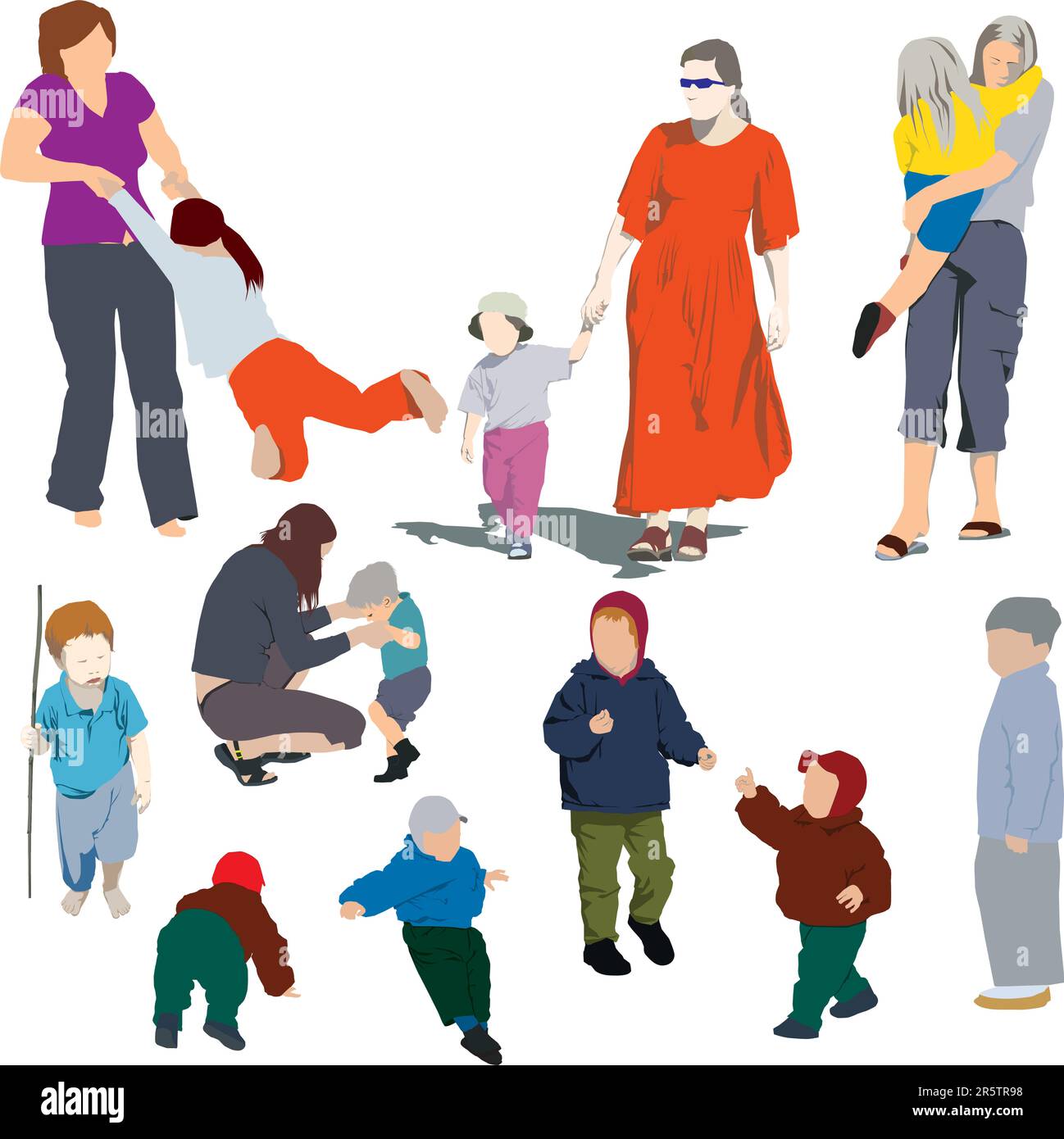 Farbe Vector Silhouetten von Mutter und Kind (jungen und Mädchen) Stock Vektor