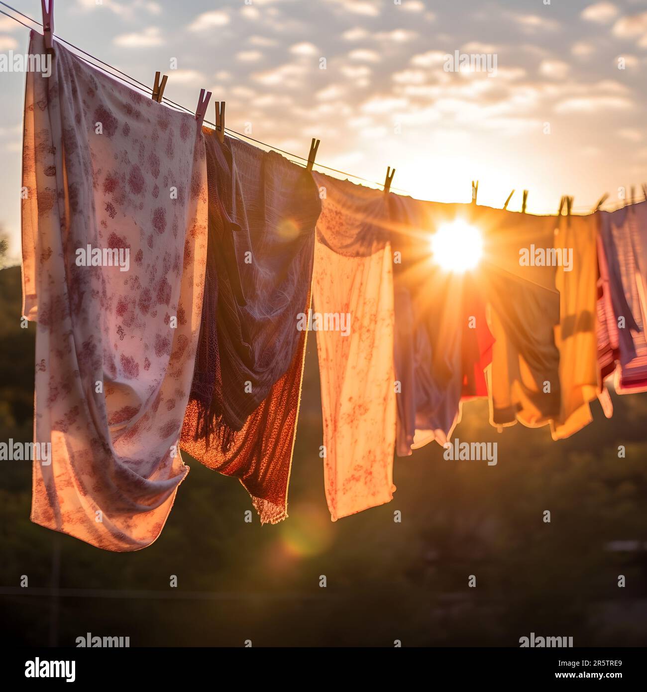 Ein lebendiges, sonniges Bild einer Sammlung von Kleidungsstücken, die im Freien an einer Wäscheleine hängen Stockfoto