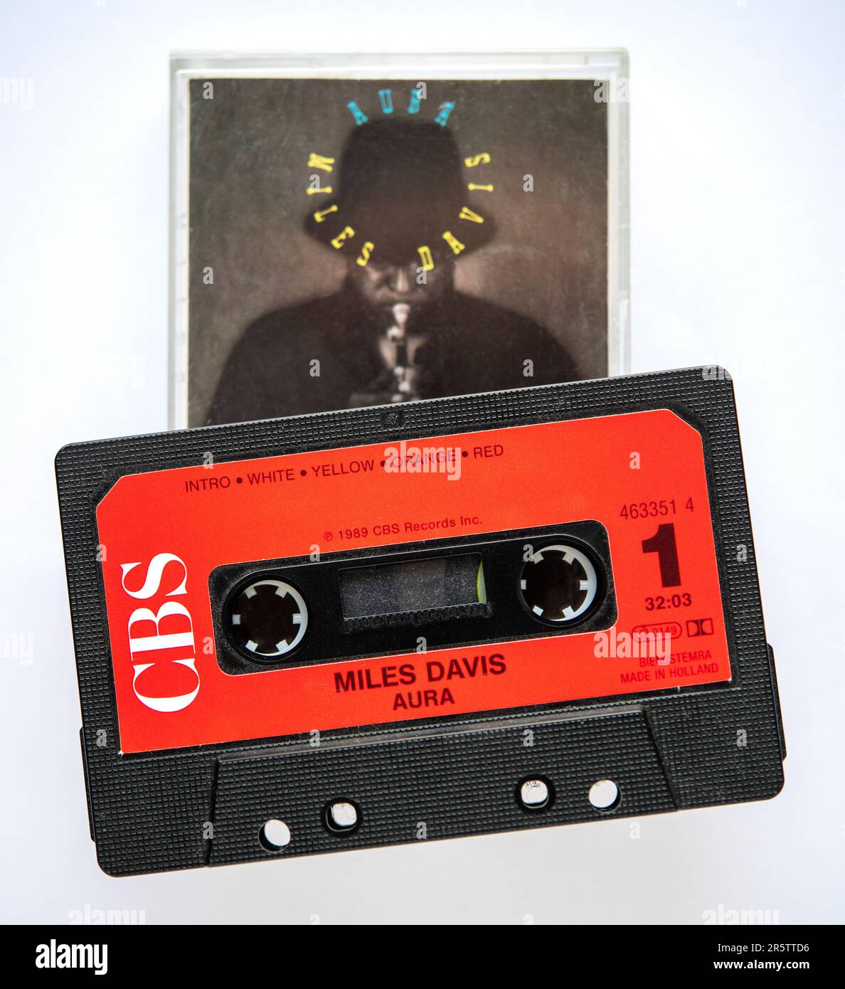 Tonkassette des Aura Concept Albums von Trompetenspieler und Jazzlegende sowie Miles Davis, das 1989 veröffentlicht wurde Stockfoto