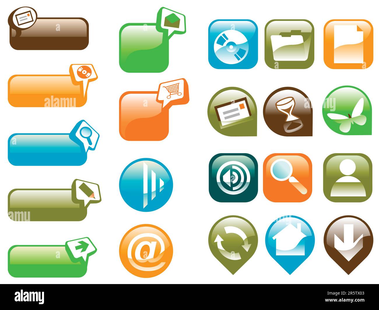 Verschiedene farbige Glastasten mit Websymbolen Stock Vektor