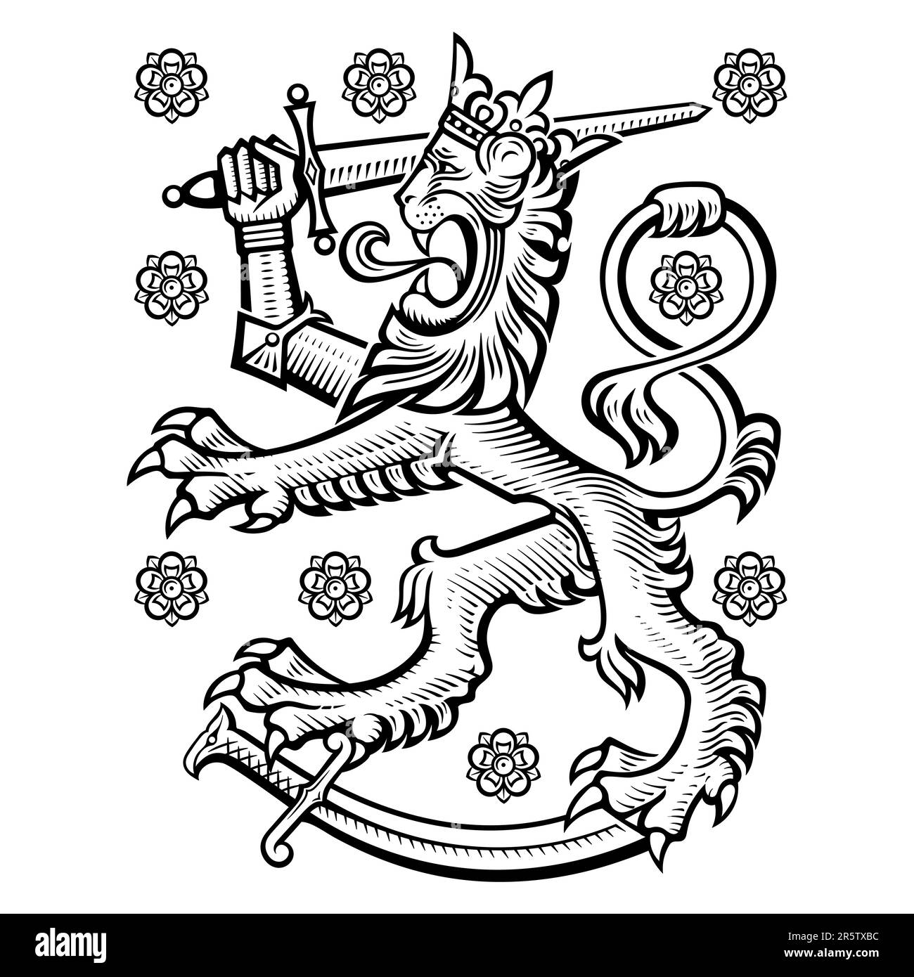 Design mit heraldischem Löwen. Heraldischer Löwe mit Schwert im Retro-Stil. Stock Vektor