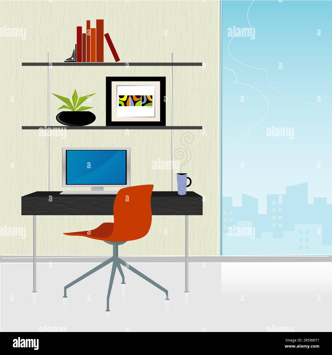 Modernes Heimbüro – roter Bürostuhl mit Schreibtisch und Stadtblick Stock Vektor