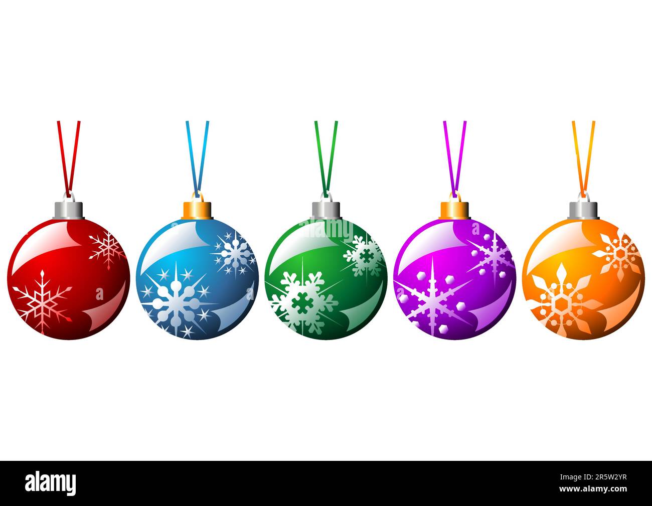 Verzierte Weihnachtsbälle mit Bändern in verschiedenen Farben isoliert auf weißem Hintergrund Stock Vektor