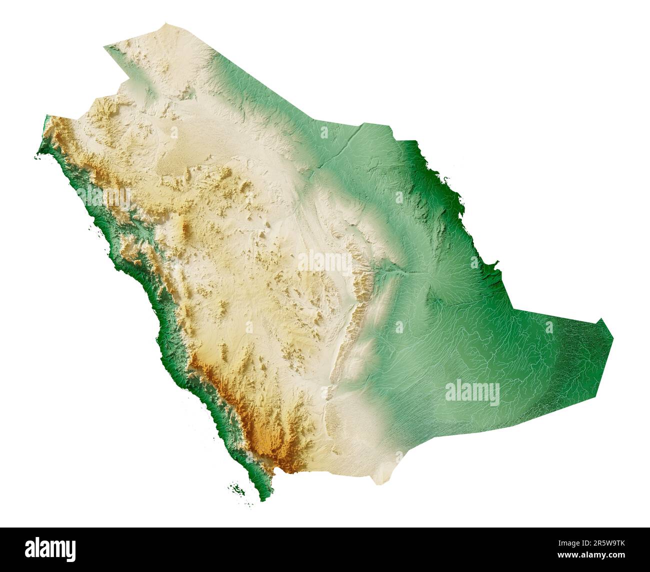 Saudi-Arabien. Detailliertes 3D-Rendering einer schattierten Reliefkarte mit Flüssen und Seen. Farbig nach Höhe. Weißer Hintergrund. Erstellt mit Satellitendaten. Stockfoto