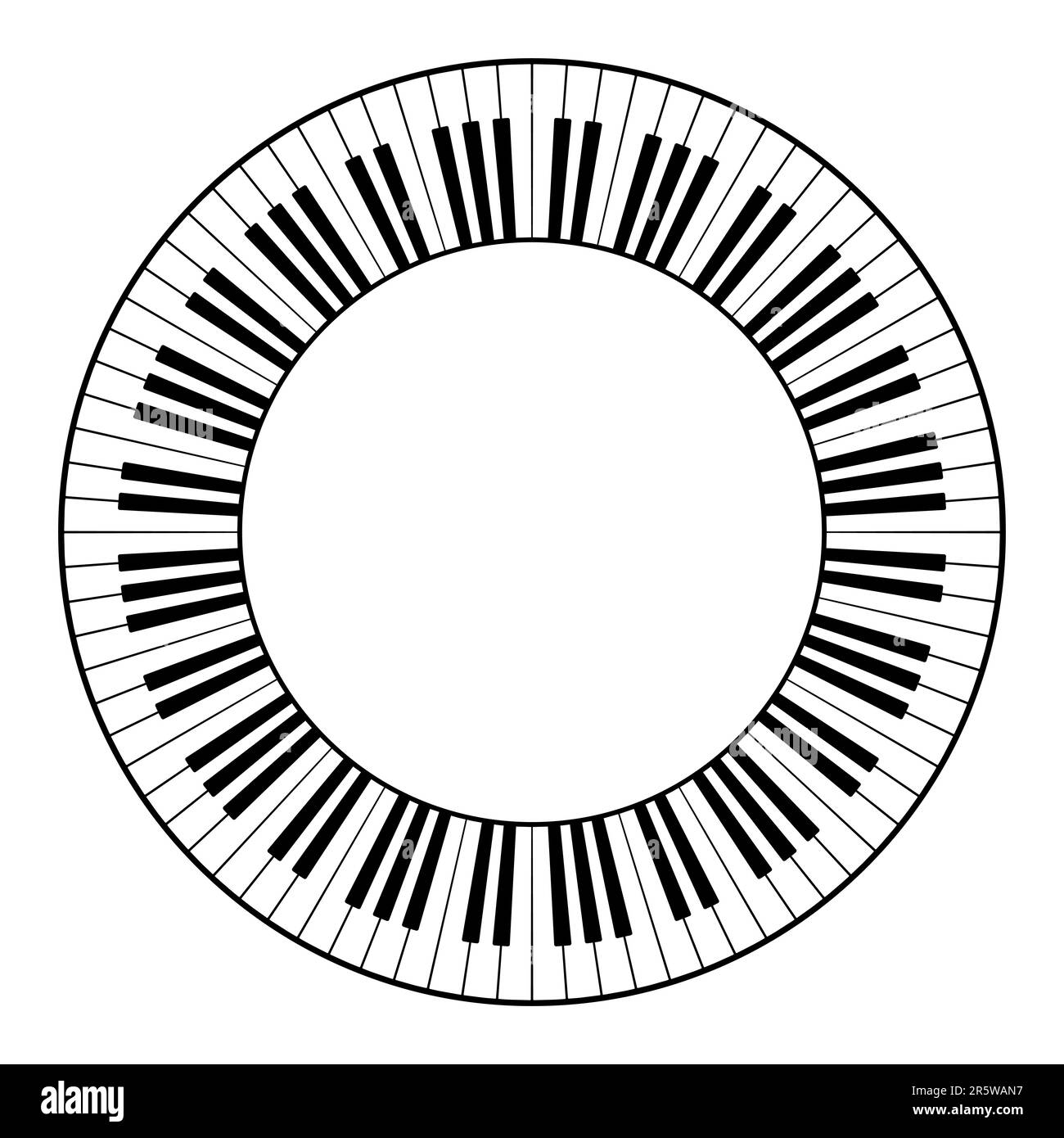Musiktastatur mit zwölf Oktaven, kreisförmigem Rahmen. Dekorativer Rahmen, bestehend aus zwölf Oktaven, schwarz-weiße Tasten der Klaviertastatur. Stockfoto
