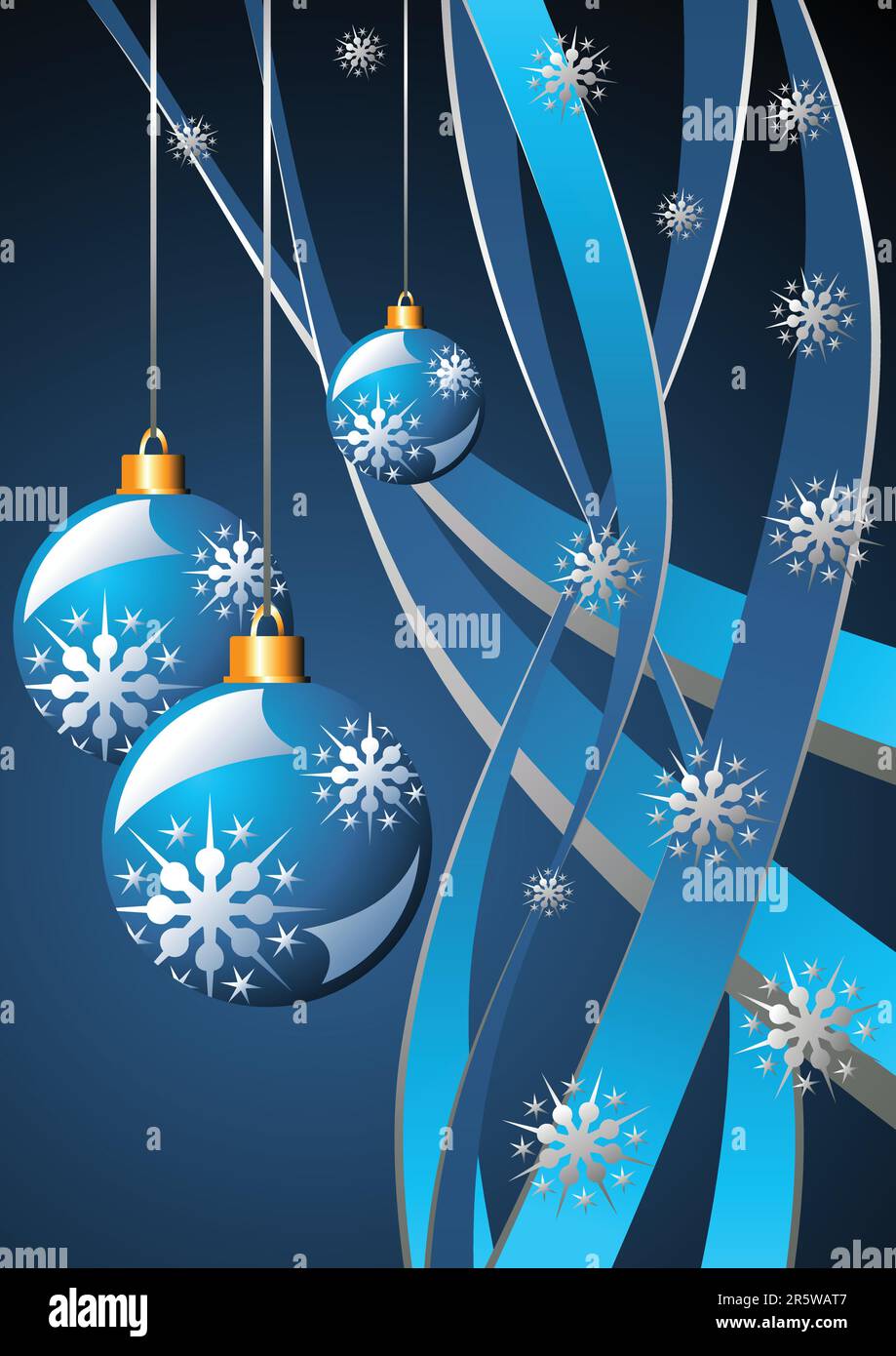 Schneekristalle, Weihnachtsbälle und Bänder über blau Stock Vektor