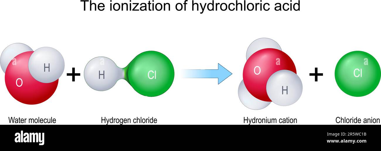 Die Ionisation der Salzsäure. Die Moleküle H2O und HCl bilden durch eine chemische Reaktion zusammen Hydronium-Kation H3O und Chloridanion Cl Stock Vektor